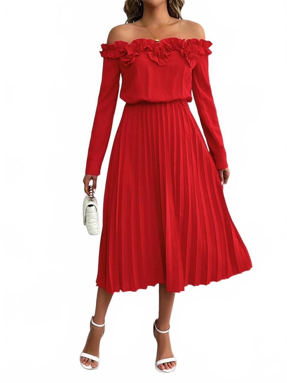 NEW OHSOSTYLED off-shoulder ruffle pleated midi dress in red